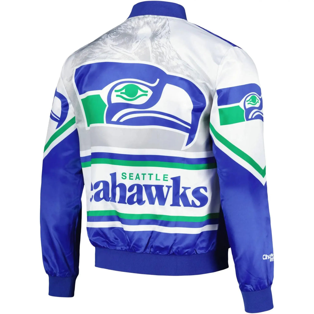 Seattle Seahawks Blue and White Satin Varsity Jacket