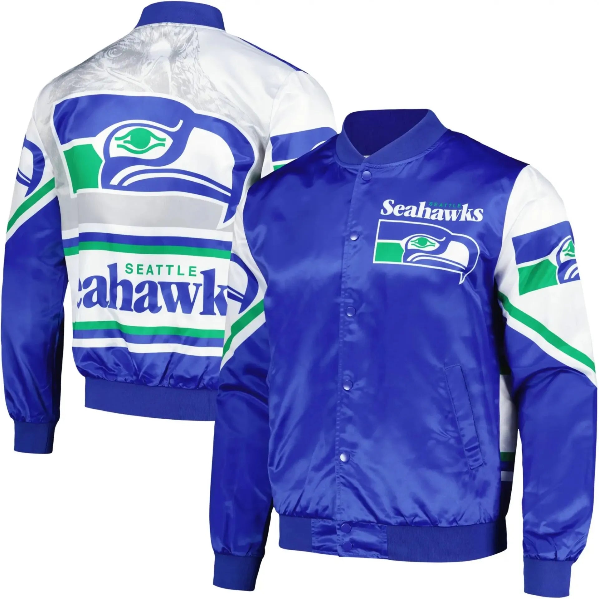 Seattle Seahawks Blue and White Satin Varsity Jacket