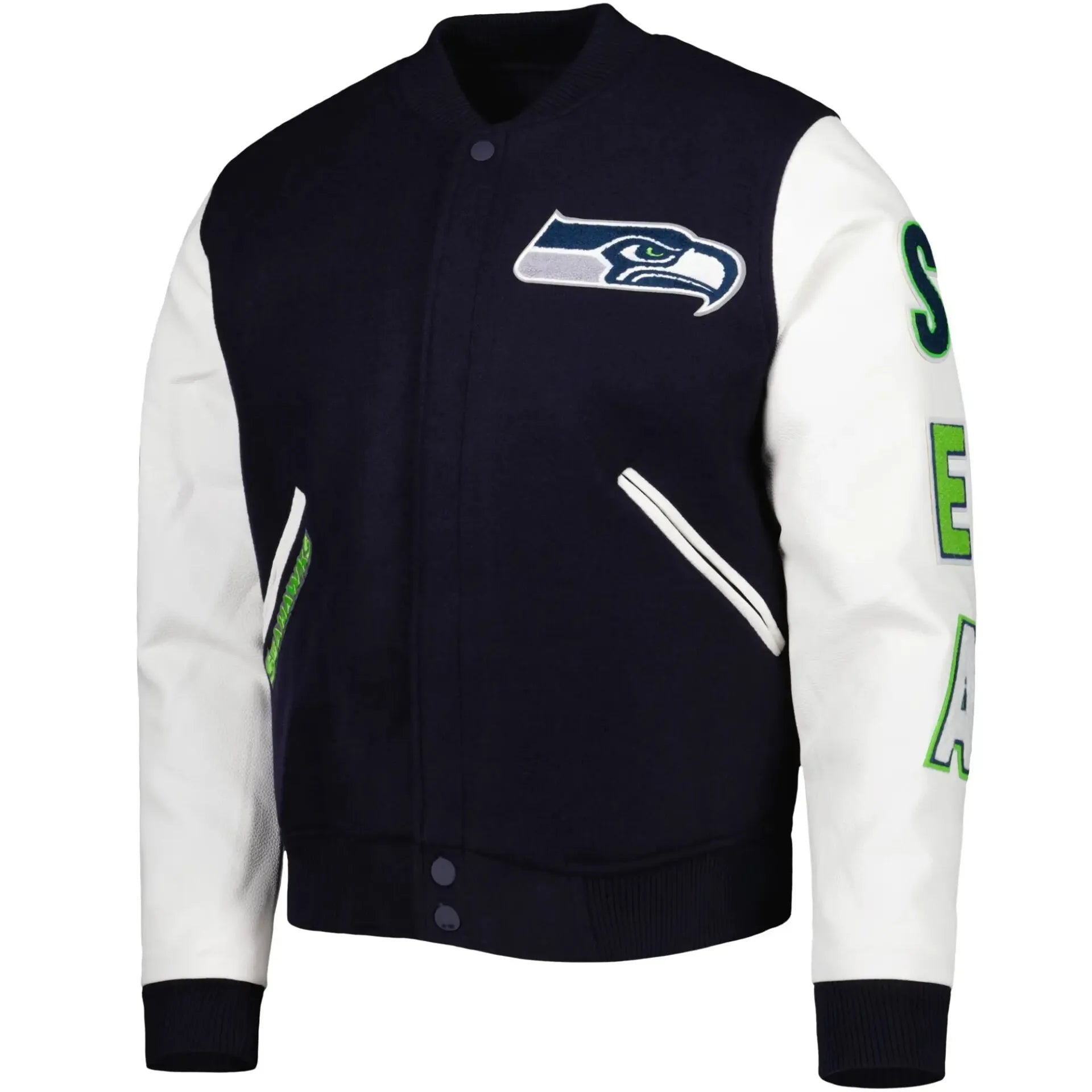 Seattle Seahawks Logo Navy and White Varsity Jacket