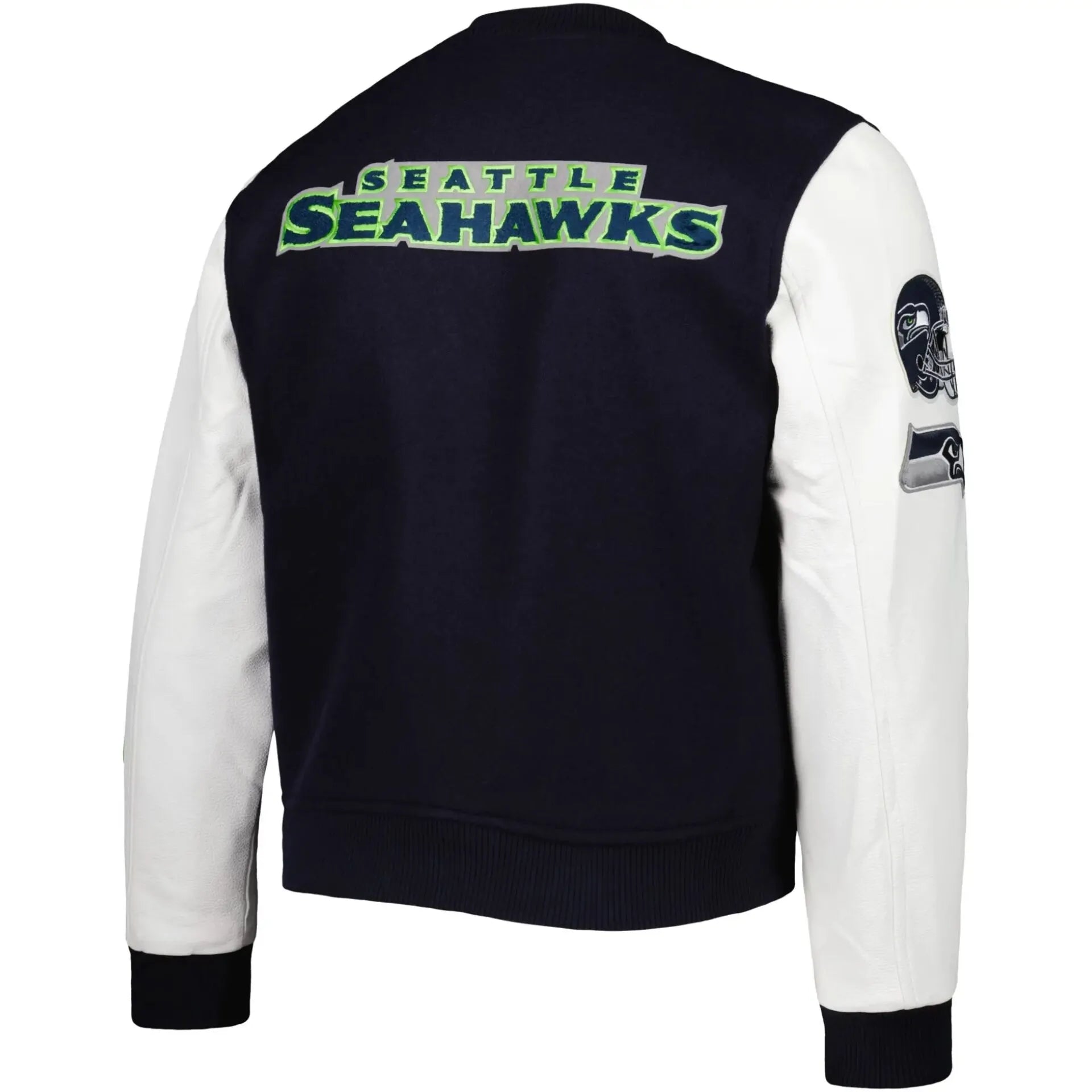 Seattle Seahawks Logo Navy and White Varsity Jacket