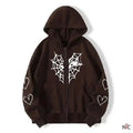 Sp5der Zipper Web & Heart Print Hoodie Brown